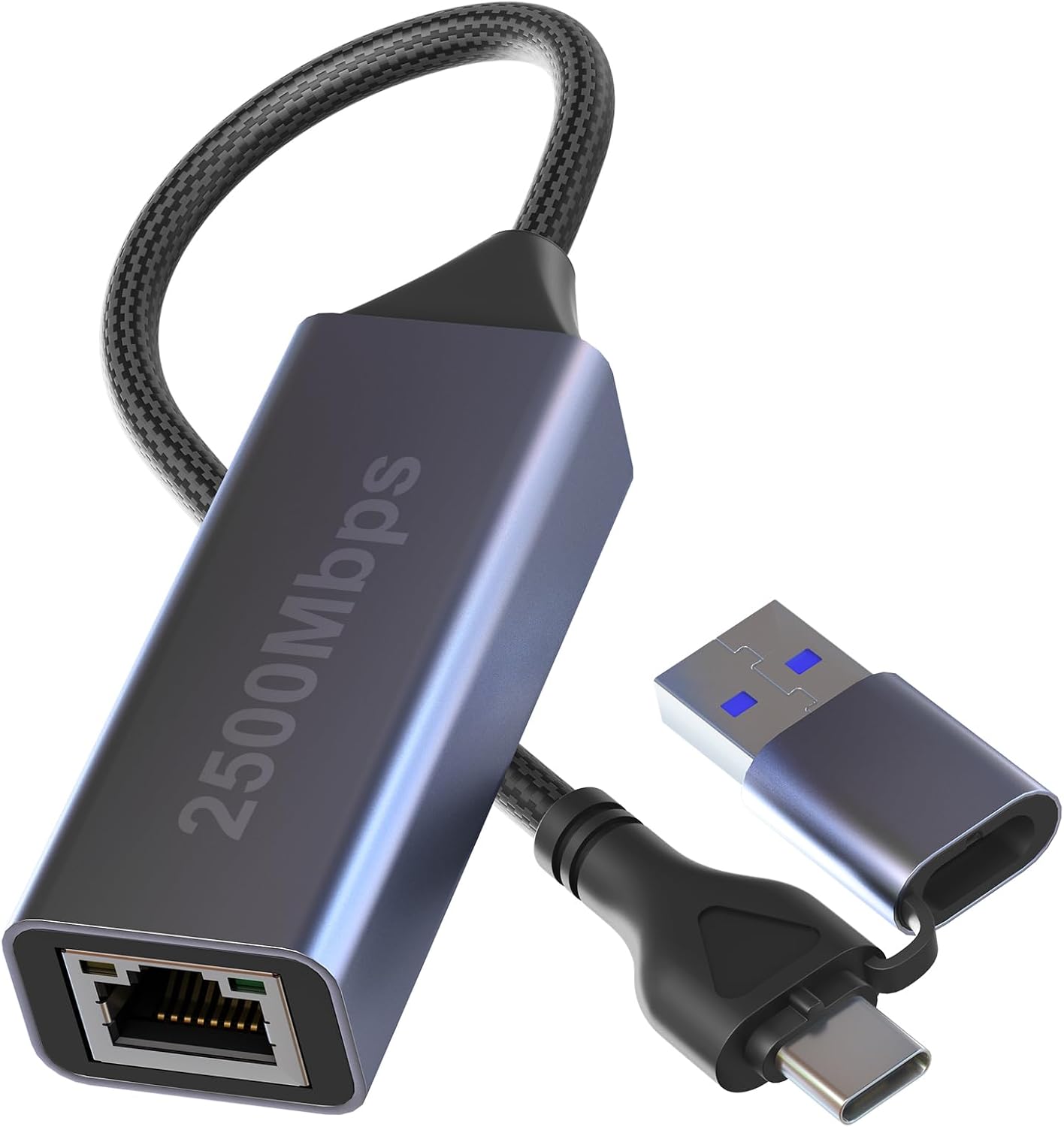 2.5gb USB to Ethernet Adapter, 2.5g Aluminum 2-in-1 USB & USB C to RJ45 Network Adapter 2500Mbps LAN Converter for MacBook Air/Pro, HP, XPS, Surface, iPad, iPhone 17/16