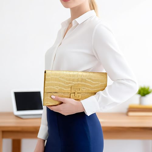 Miniatura 2 de Bolso de mano metálico para mujer, diseño de cocodrilo, bolso de noche en relieve, para bodas y fiestas Dorado