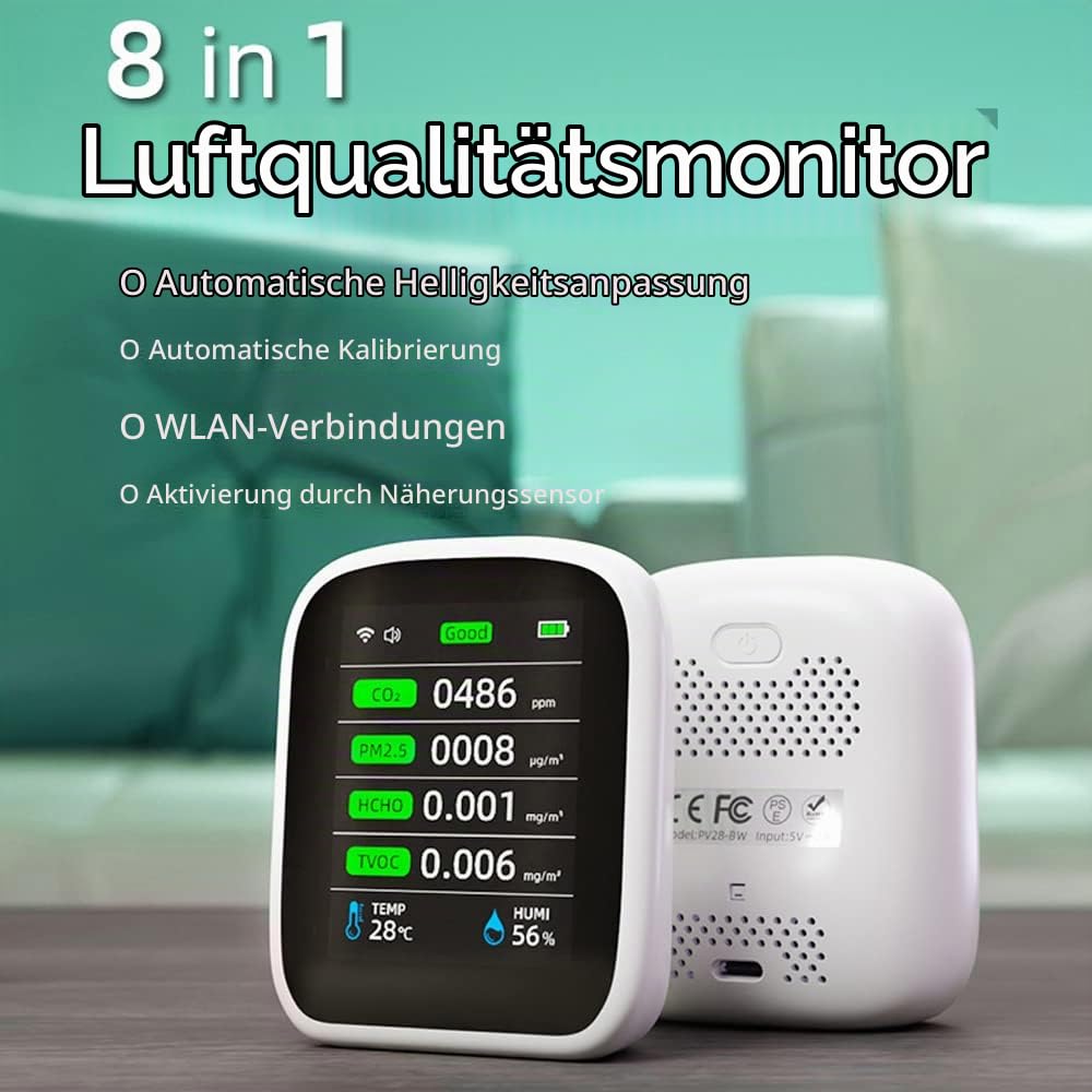 Irfora Tuya WiFi Tragbares Luftqualitätsmessgerät 8in1 PM1.0 PM2.5 PM10 CO2 TVOC HCHO Temperatur- und Feuchtigkeitstester LCD-Farbbildschirm Kohlendioxiddetektor mit Zeit- und Datumsanzeigefunktion