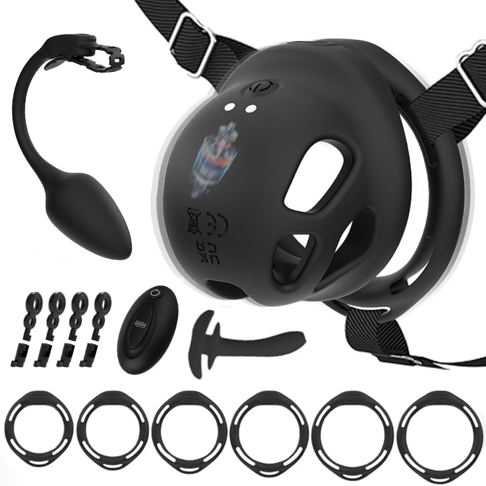 Peniskäfig für Männer mit Vibrator, Silikon Chastity Cage Set mit 6 Cockring & Harnkatheter, SM Extrem Bondage Keuschheitskäfig 10 Vibrationsmodi, Abstinenz Keuschheitsgürtel Sextoy Herren（GD1-B+G）
