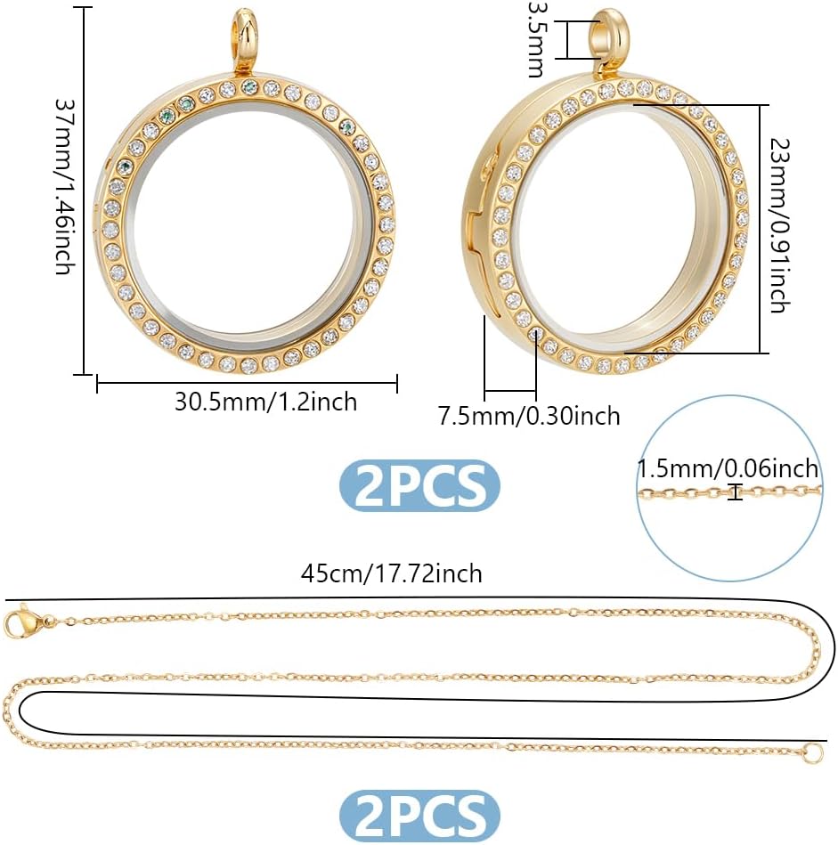 UNICRAFTALE 2 Sets Rhinestone Photo Charms Stainless Steel Crystal Memory Locket Charms Flat Round DIY Photo Necklace Making Kit Photo Frame with Chain for Necklaces Jewelry Making - Image 3