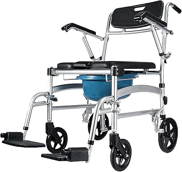 Bedside Commode Chair, 4 in 1 Toilet Rolling Transport Chair with Arms and 4 Brakes, Shower Wheelchair for Adults, Senior, Elderly, Handicap, Disabled