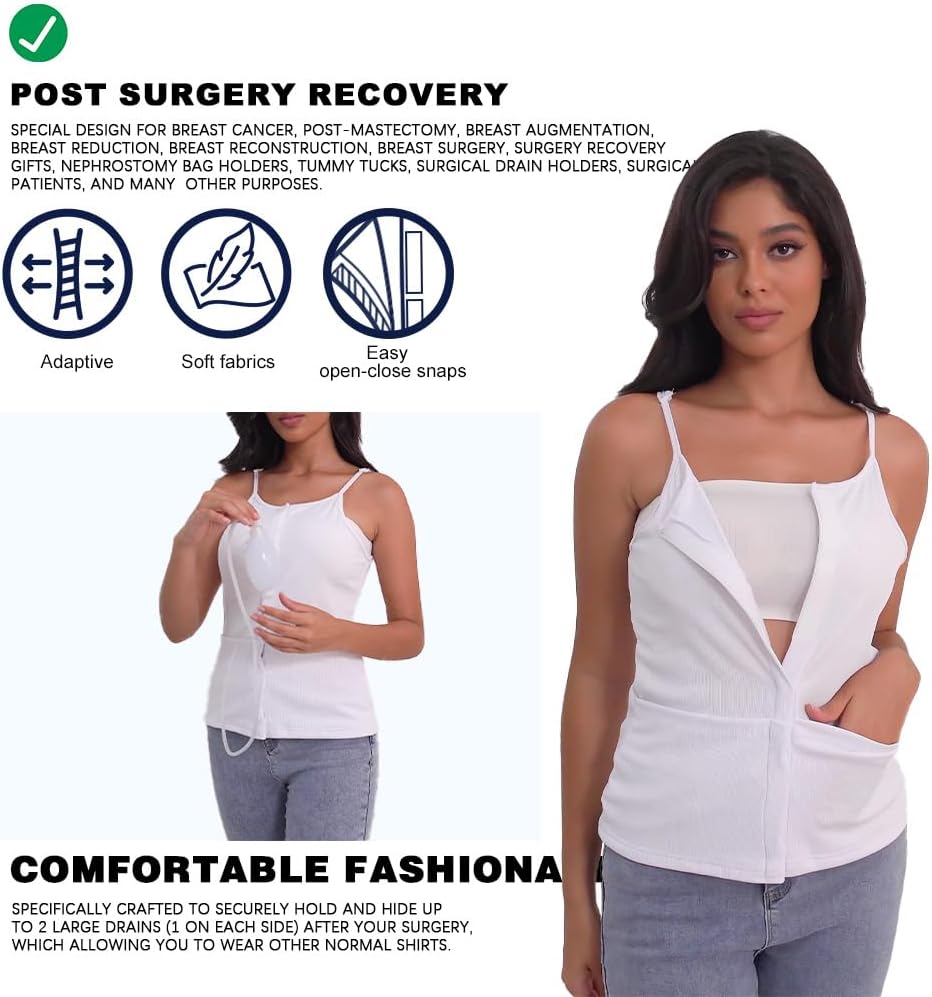 Post Mastectomy Shirts with Drain Pockets Breast Surgery Mastectomy Camisole Top with Hook and Loop Closure - Image 3