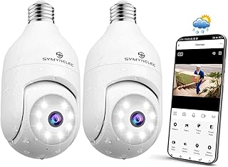 SYMYNELEC Light Bulb Security Camera Outdoor Weatherproof 2 Packs, 2K 2.4GHz Wireless WiFi Light Socket Security Cam 360 Motion Detection Tracking Color Night Vision 2 Way Talk Works with Alexa Google