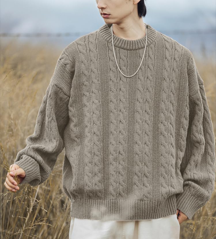 POHADON Mens Vintage Cable Knit Sweater Vintage Chunky Crewneck Long Sleeve Oversized Pullover 2026 Fall Winter Sweatshirts - Image 4