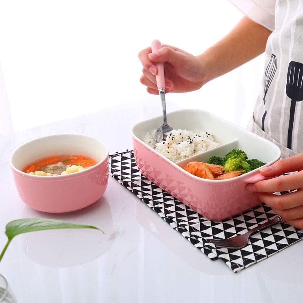 Fiambrera de Acero Inoxidable con Tapa, Compartimento, Cuenco de cerámica para arroz y cazuela Rectangular.