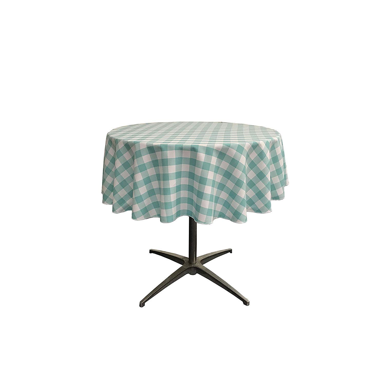 New Creations Fabric & Foam Inc Polyester Poplin Checkered Gingham Plaid Round Tablecloth (White & Aqua, 48" Round)