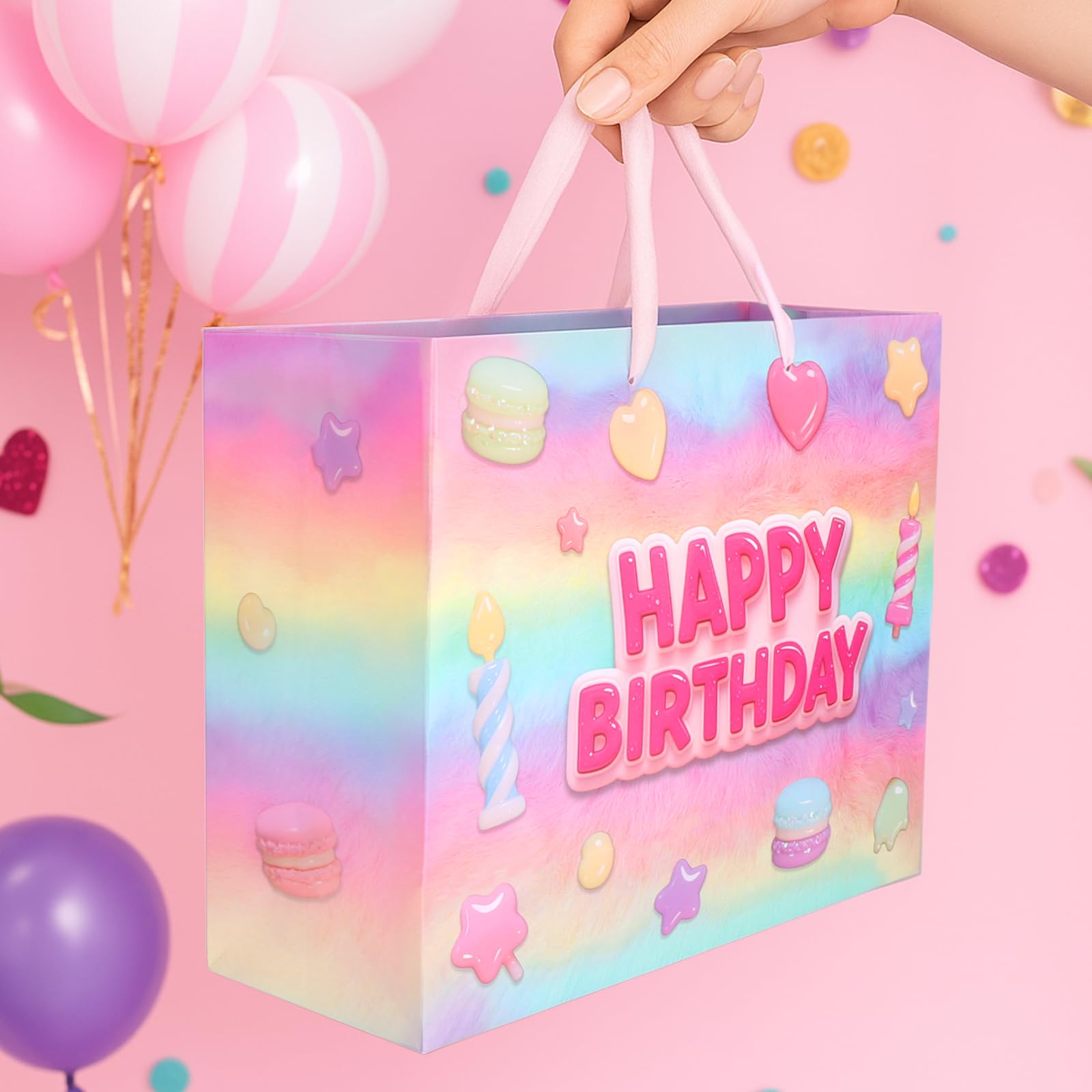 BSRESIN 13”Pink Happy Birthday Gift Bag with Tissue Paper, Wrapping Paper and Card, Medium Size Pastel Birthday Gift Bag for Girls, Women, Party Gift Wrap Supplies