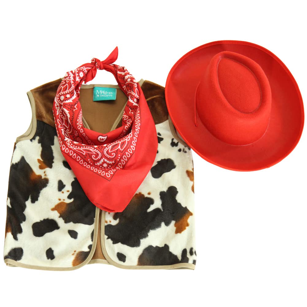 Making Believe Kids Western Rodeo Cowboy or Cowgirl Classic Costume Set - Vest, Brown Hat, Bandana (Choose Color and Size)