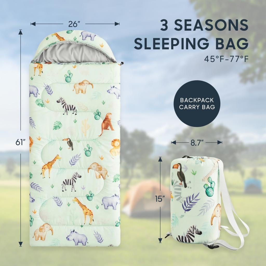 Wake In Cloud - Kids Sleeping Bag for Boys Toddlers, Camping in Warm Cold Weather, Backpacking Lightweight Compact Outdoor Liner for 3 Seasons Summer Spring Fall, Animal Zoo Green - Image 2