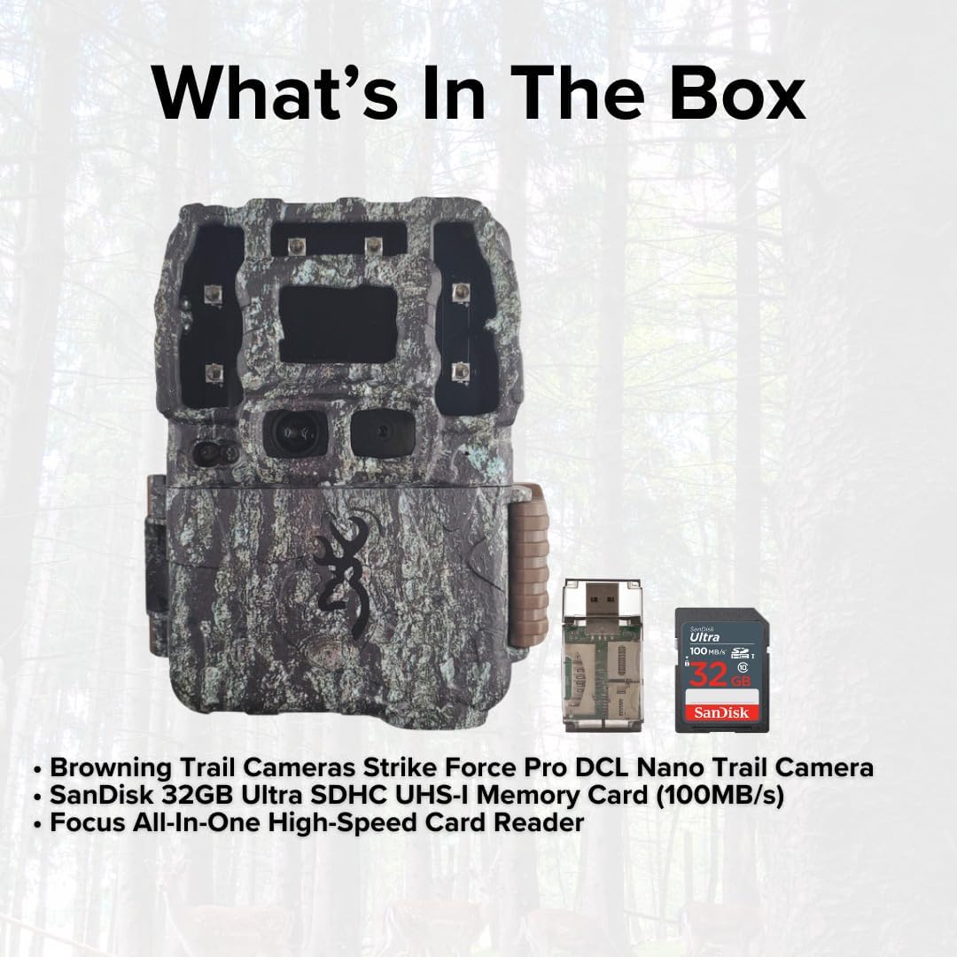 Browning Trail Cameras Strike Force Pro DCL Nano 26MP Trail Camera with Dual Camera Lens Technology Bundle with 32GB Ultra SDHC UHS-I Memory Card and High Speed Card Reader (3 Items)
