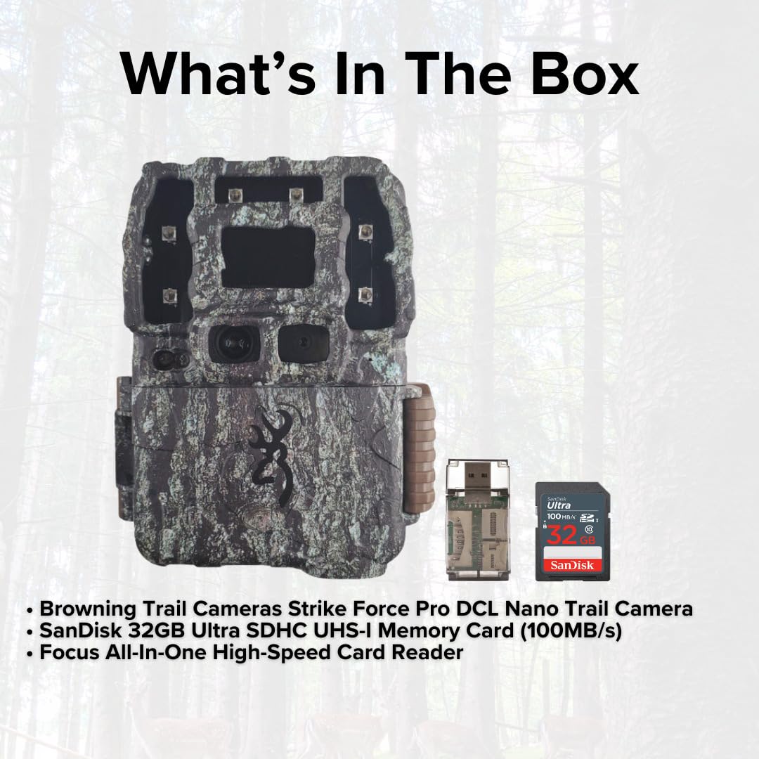 Browning Trail Cameras Strike Force Pro DCL Nano 26MP Trail Camera con tecnología de lente de cámara dual, paquete con tarjeta de memoria Ultra SDHC UHS-I de 32 GB y lector de tarjetas de alta