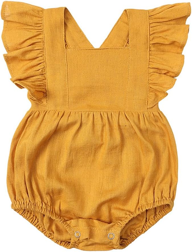 HAOLUKI Baby Girls Playsuits Ruffled Bodysuit Fly Sleeve Romper Newborn Cotton Linen Jumpsuit Infant Summer Clothes