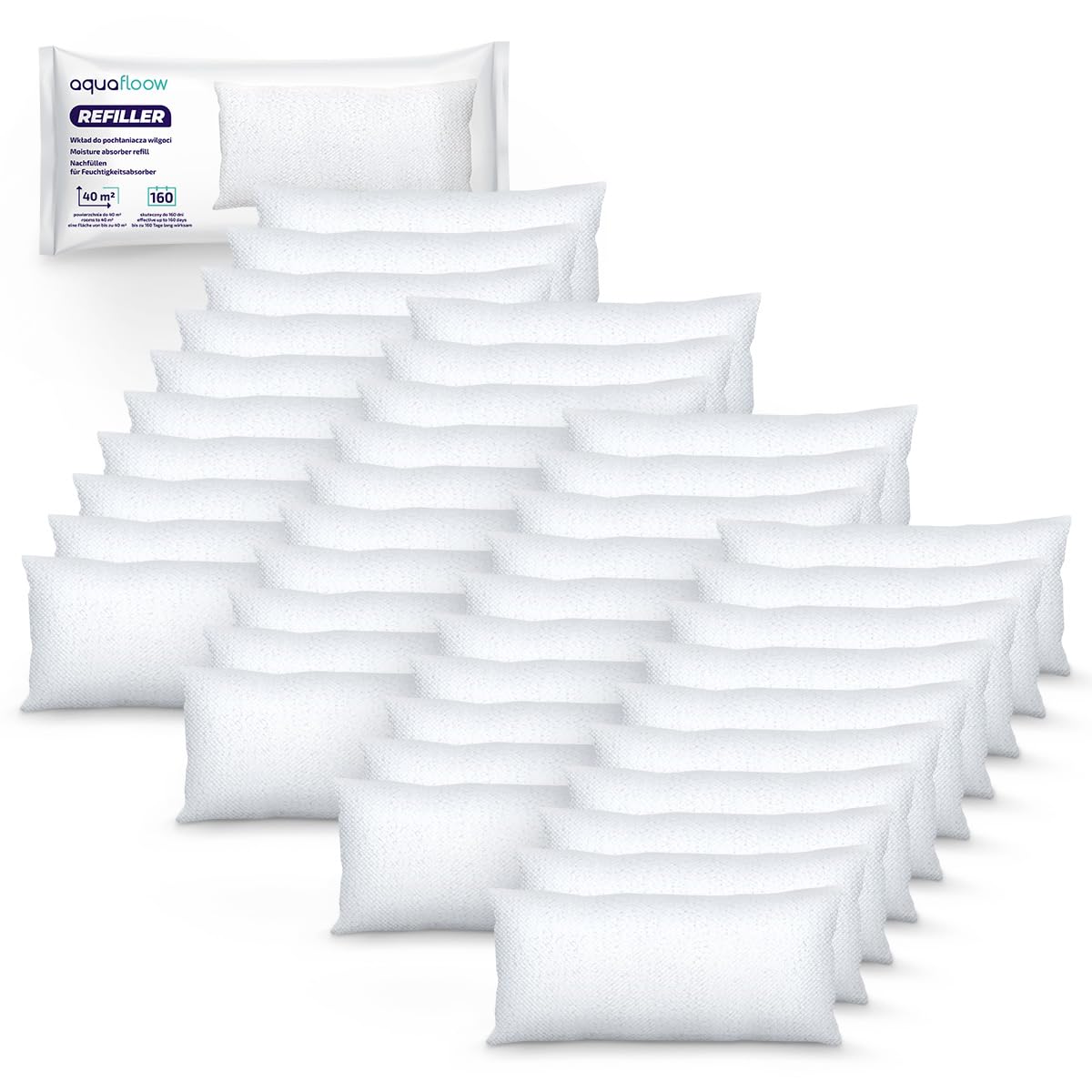 Aquafloow 40 Pezzi Sacchetti di Ricarica per Deumidificatore 450 g | Contro Condensa, Muffa e Cattivi Odori, per Ambienti Fino a 40 m² | Ideale per Cucina, Bagno, Ufficio, Auto