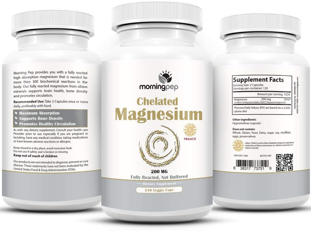 Magnesium Bisglycinate Chelate 240 Vegi Caps 200mg Elemental per Serving, Our Fully reacted (TRAACS) Albion Magnesium Has The Highest Level of Absorption,