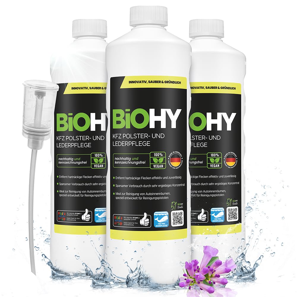BiOHY Cura della tappezzeria dell'auto (3 bottiglie da 1l) + Distributore | Cura degli interni dell'auto | shampoo detergente efficace | smacchiatore per sedili auto (KFZ Polster)