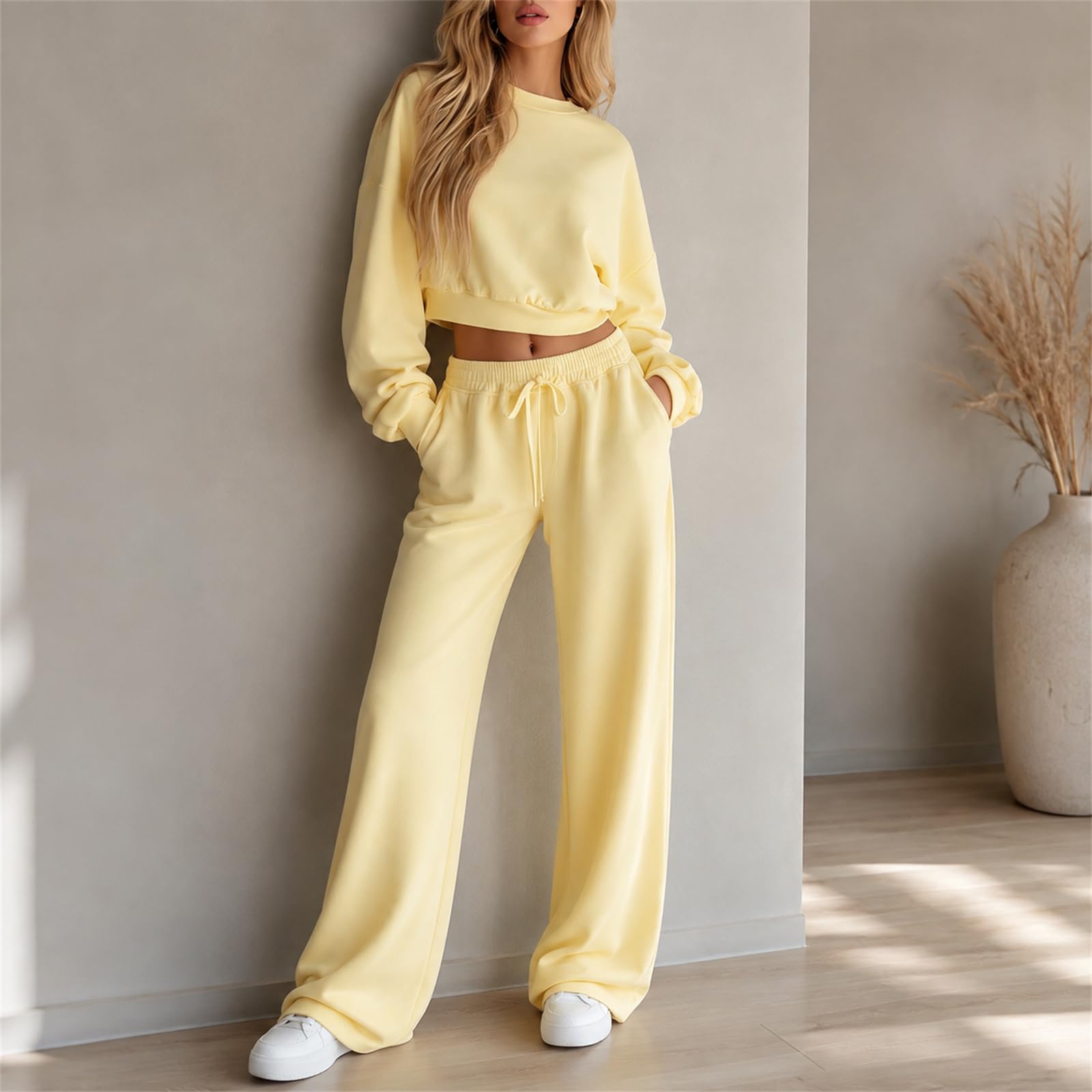 Damski zestaw 2 sztuk bluza Crop Pulower Luźne szerokie spodnie | Wygodny zestaw z krótką bluzą i szerokimi spodniami, idealny do podróży, relaksu i swobodnego stylu
