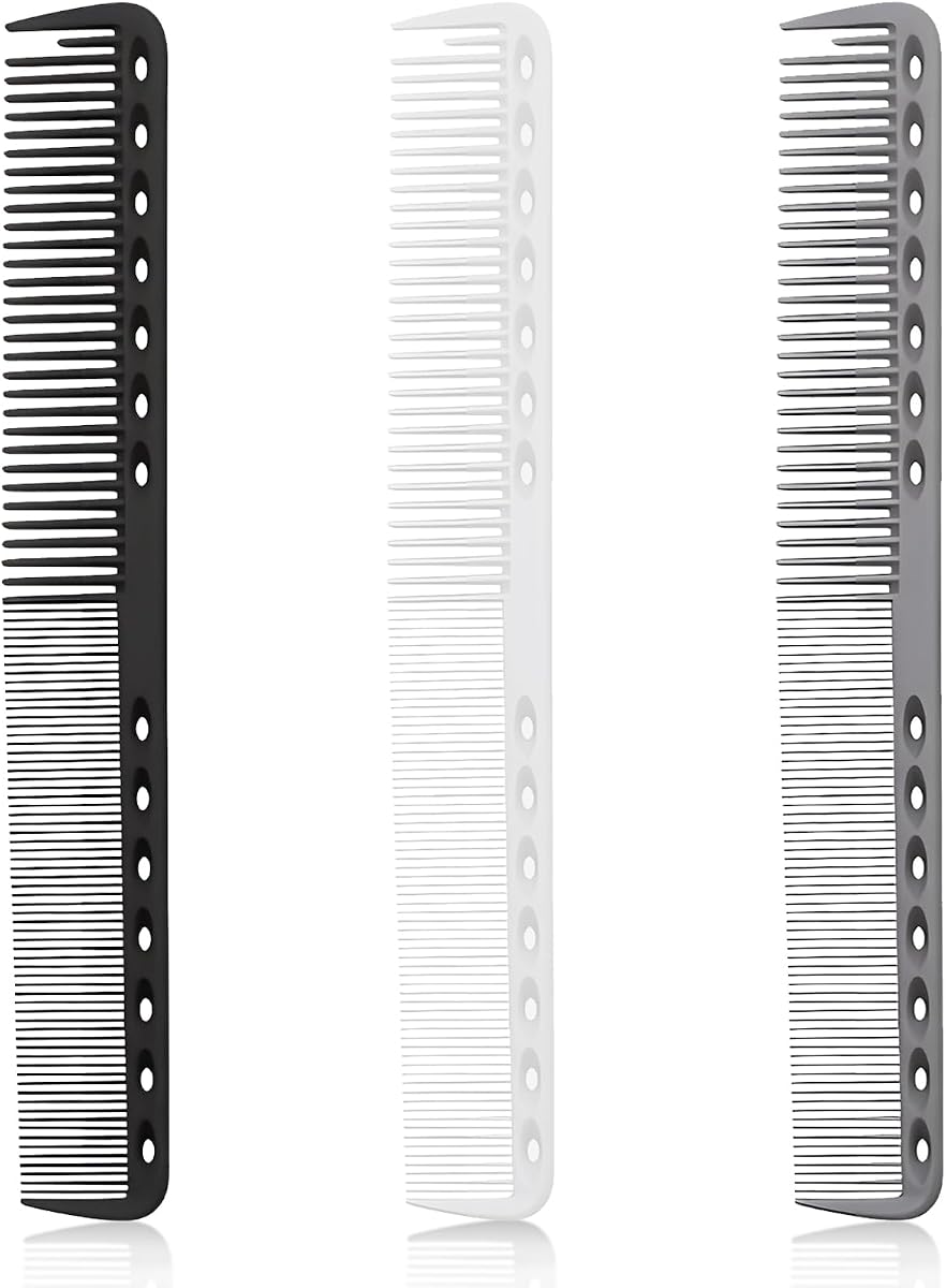 3-Piece Carbon Fiber Salon Hairdressing Comb Set - Fine Cutting Comb for Men & Women - Heat Resistant - Black, Grey, White