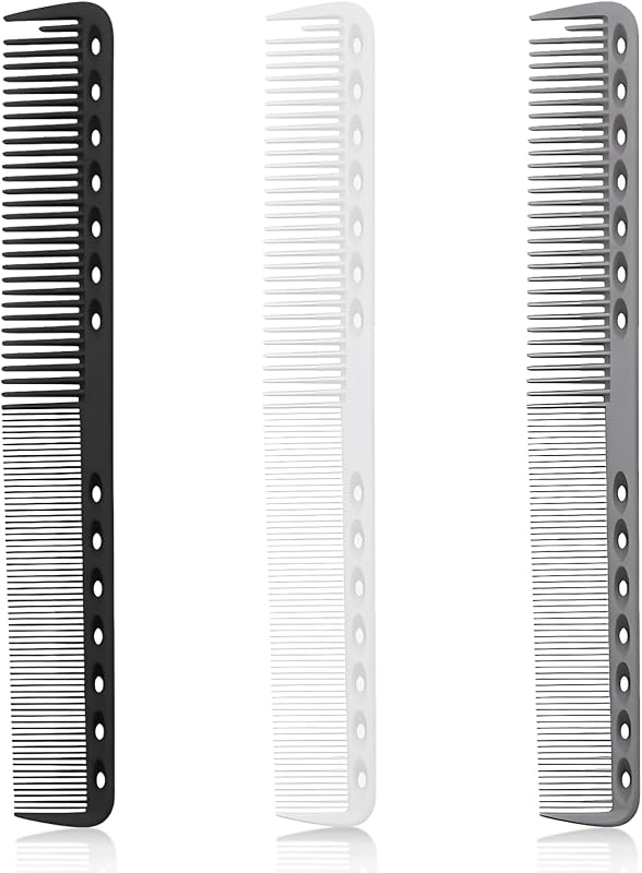 3-Piece Carbon Fiber Salon Hairdressing Comb Set - Fine Cutting Comb for Men & Women - Heat Resistant - Black, Grey, White
