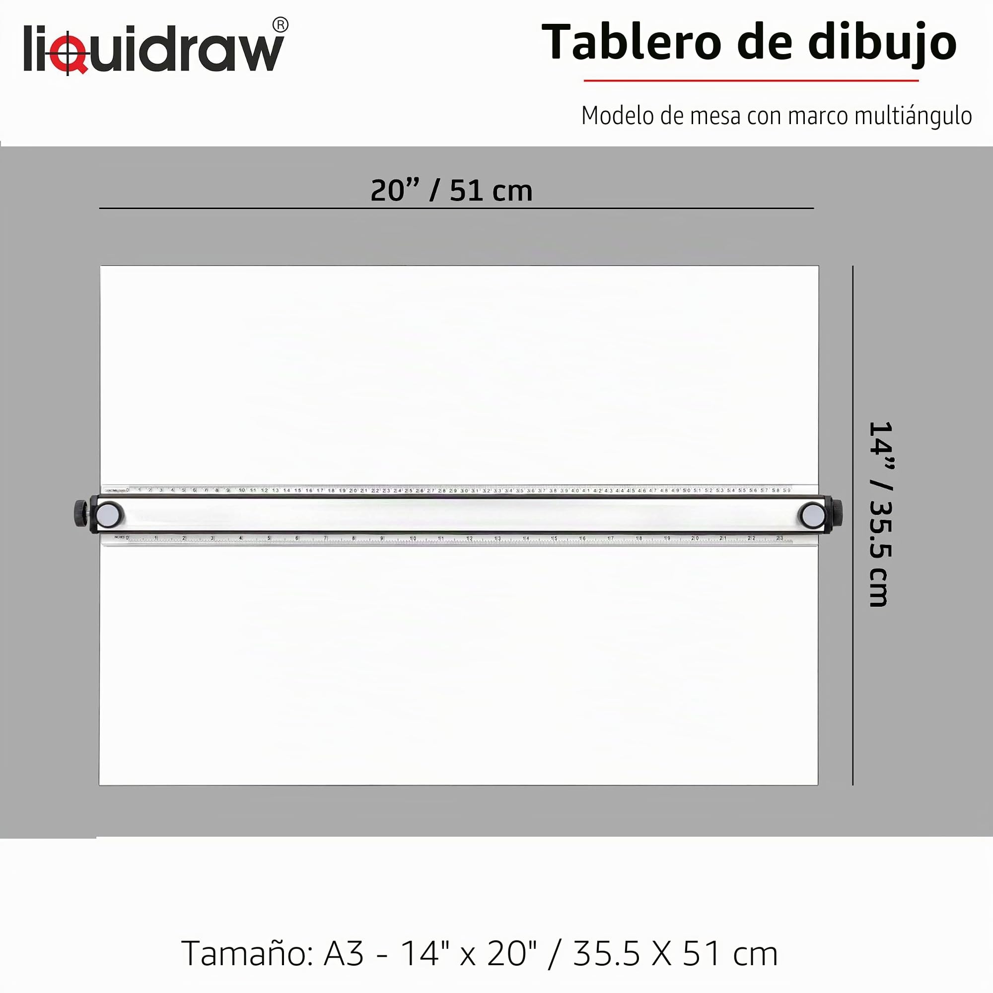 Liquidraw Tablero de dibujo A3 con movimiento paralelo, modelo de mesa con 5 ángulos de trabajo ajustables, incluye clips para tablero de dibujo y juego cuadrado