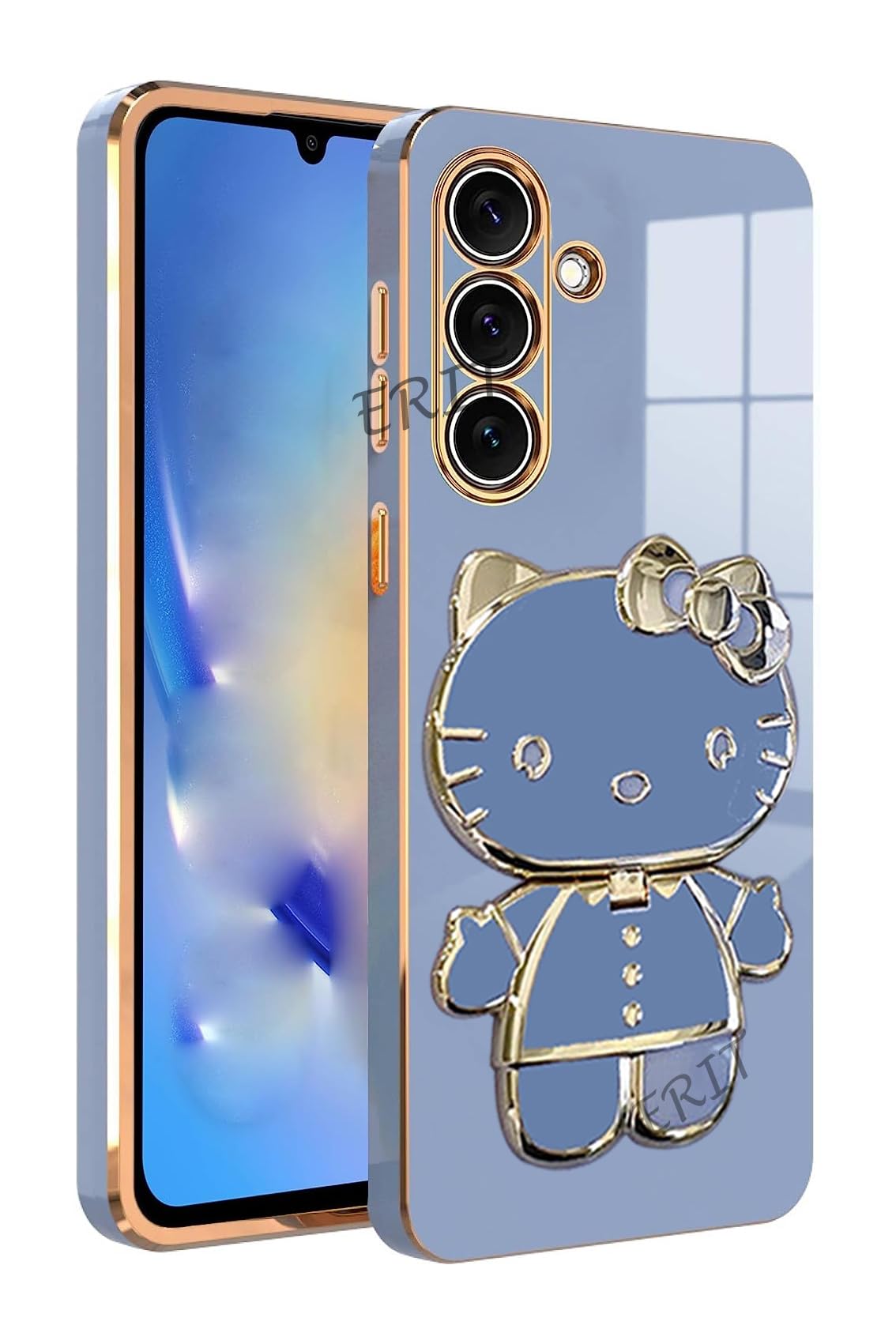 ERITThermoplastic Polyurethane 3D Back Cases And Covers Compatible For Samsung A14 5G Kitty With Stand And Mirror | Camera Protection | Anti-Slip | Folding Stand - Blue