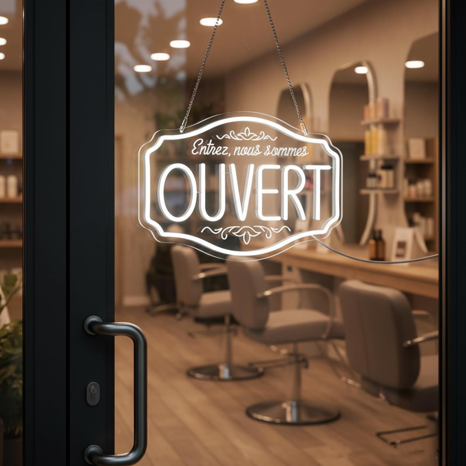 OUVERT Neon Schild, Nous sommes ouverts LED Schild für Geschäfte, weiße LED Neonleuchte für Bars, Restaurants, Supermärkte, Cafés, USB Neon Hängeschild Geöffnet für Tür und Fenster