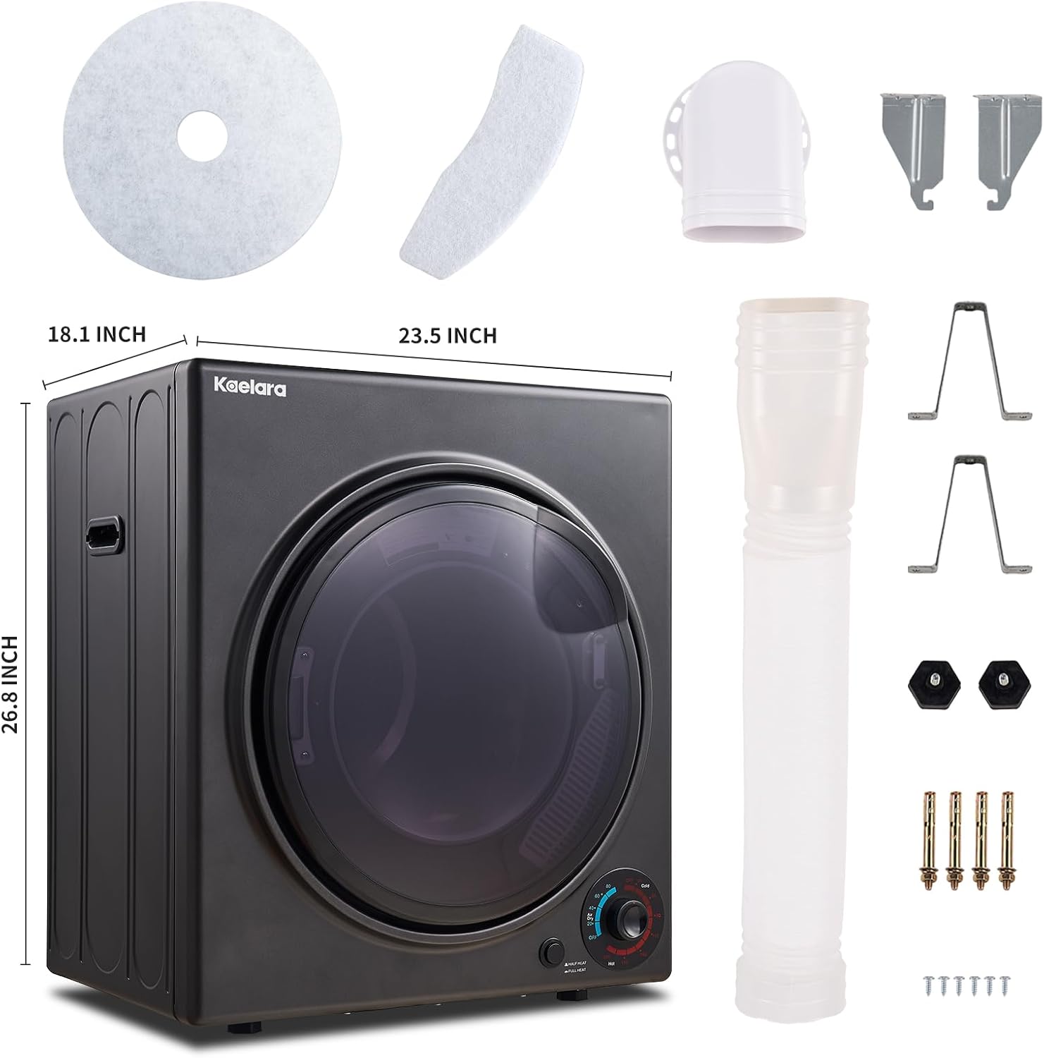 Kaelara Portable Dryer 3.5 cu.ft, 1500W Compact Dryer with Stainless Steel Tub, 4 Drying Mode, Overheat Protection, Apartment, Dorms, RVs, Black