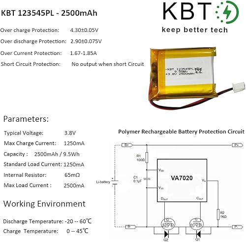 Miniatura 6 de Batería de polímero de litio KBT 3.8V 2500mAh 123545 Baterías de repuesto de iones de litio recargables Lipo con conector JST para Ar duino NodeMCU