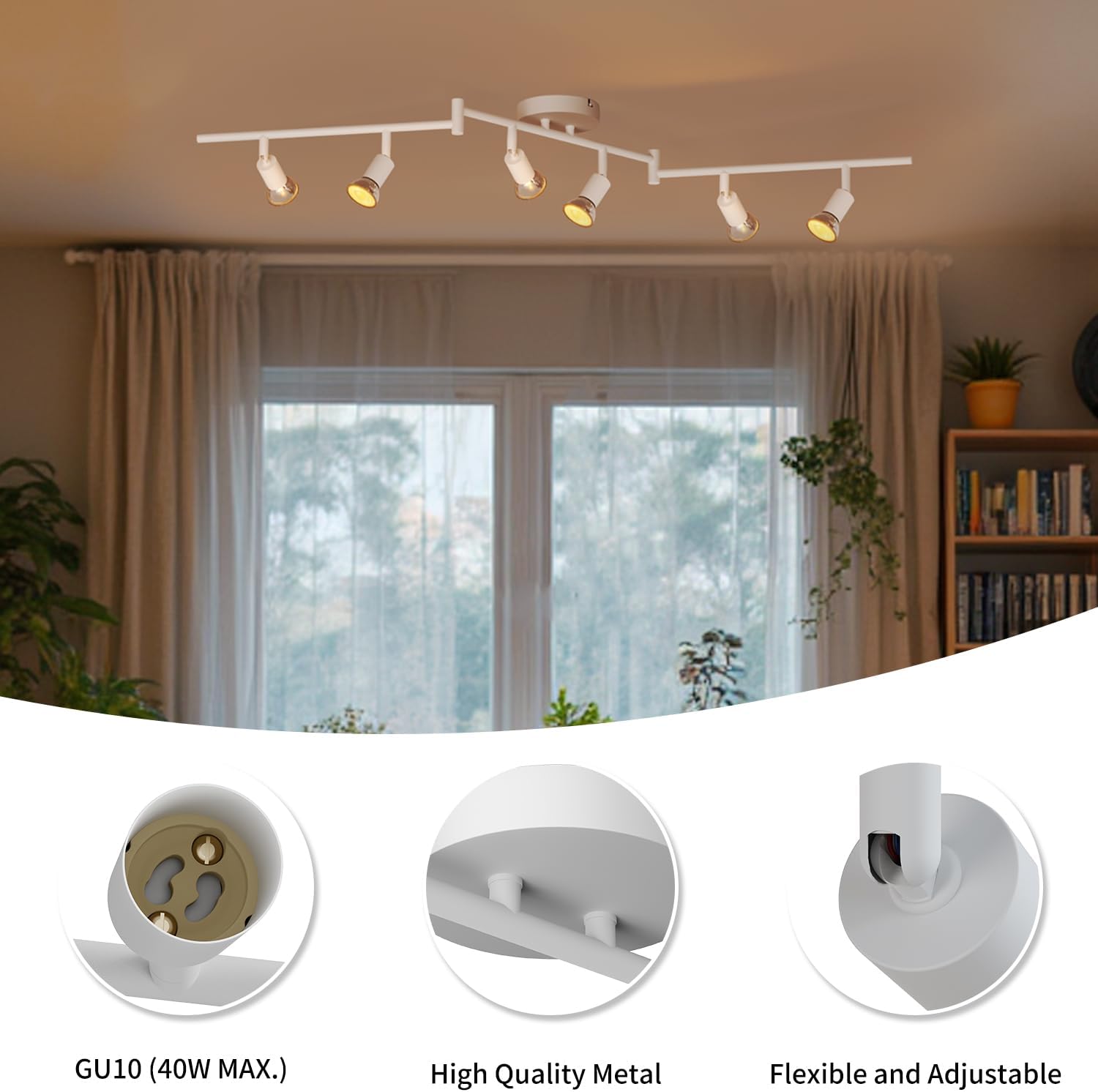 LVWIT 6-Light LED Ceiling Track Lighting Fixtures, Flexibly Rotatable Light Heads, Modern Ceiling Spot Lights for Kitchen, Living Room, Bedroom, White(GU10 Socket, Bulbs Not Included)