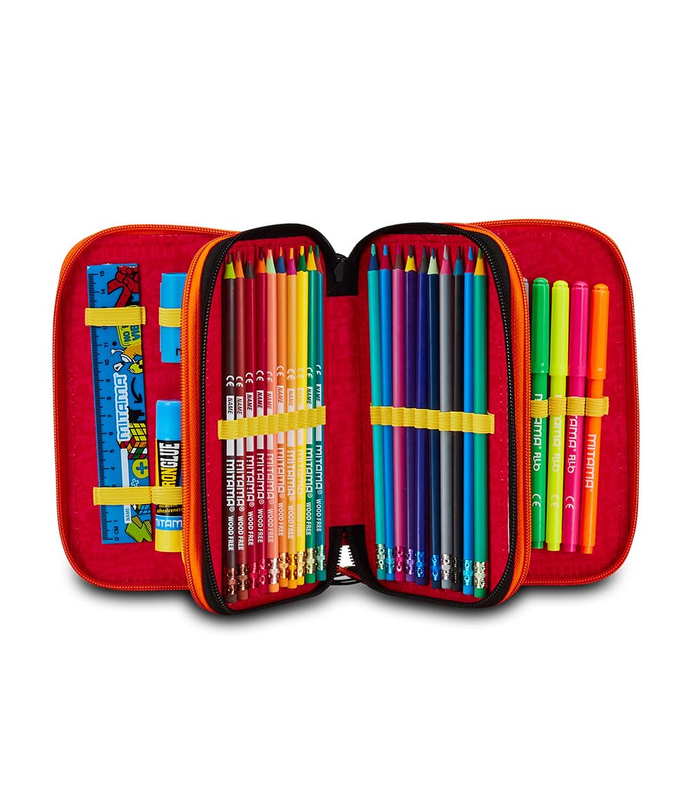 Mitama Astuccio Scuola 3 Scomparti, SUPER TRIPLO STRONG TIGER, Contenuto 50 pz, Completo di Matite, Pennarelli, Portapenne Scuola Elementare Bambino