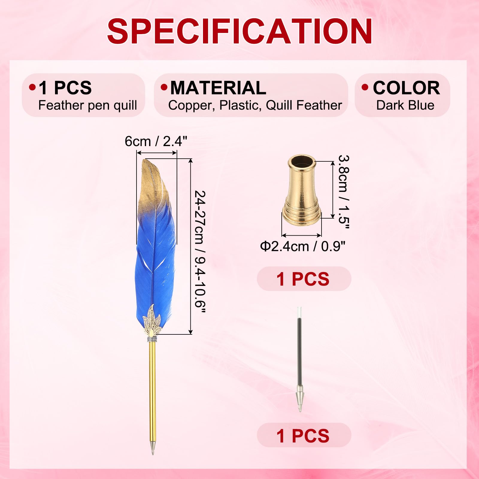 PATIKIL Feather Pen Quill, Feather Ballpoint Pen Bulk Refined Vintage Feather Calligraphy Pen with Golden Pen Holder for Guest Signature Wedding Bridal Office Writing, Dark Blue - Image 2