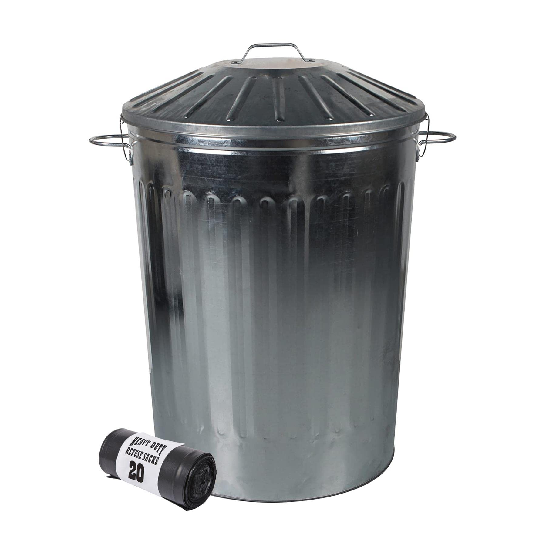 125L Metal Large Capacity Indoor/Outdoor Rubbish Waste Bins with Locking Lid & 20PC XL Heavy Duty Refuse Sacks Bags