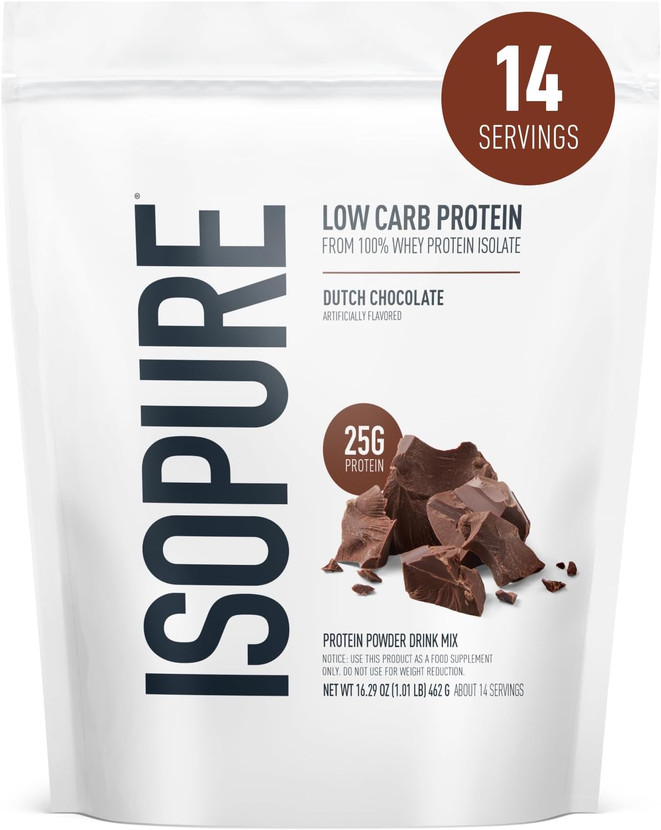 Low Carb 100% Pure Whey Isolate Protein Powder, Gluten Free, With Vitamins, Dutch Chocolate, 25g Protein Per Serving, 1 Lb, 14 Servings (Packaging May Vary)