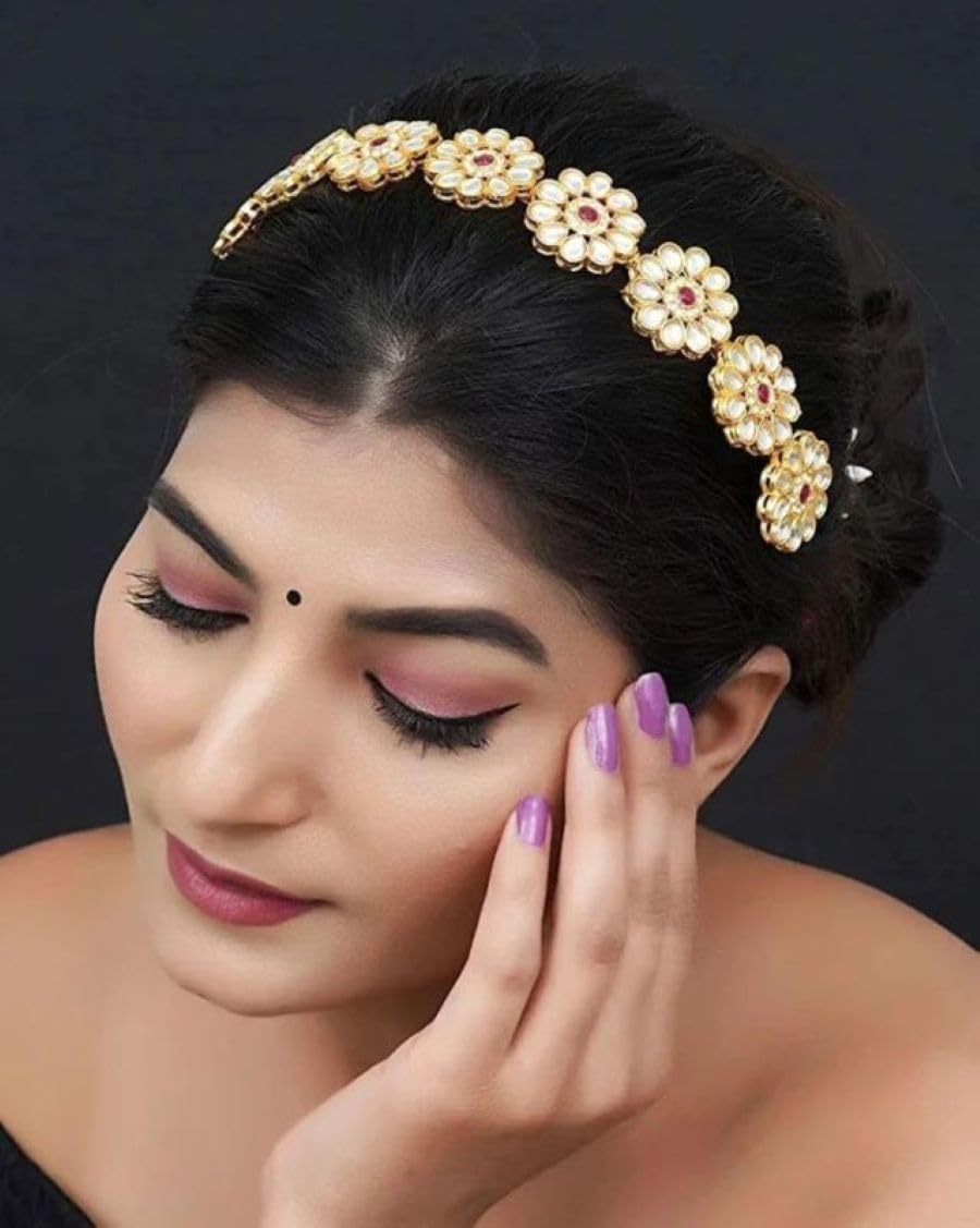 Kundan With AD Work Ethnic Gold Plated Hair Band/Hair Accessory for Womens/Ladies/Girls (Pink)