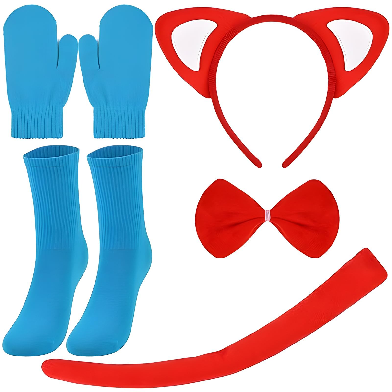 cadelon 5 Pcs Fox Costume Accessories Kit Including Fox Ears Headband, Furry Tail, Red Bow tie,Blue Gloves and Socks for Book Character Costumes Dress Up and Performance Acitivity