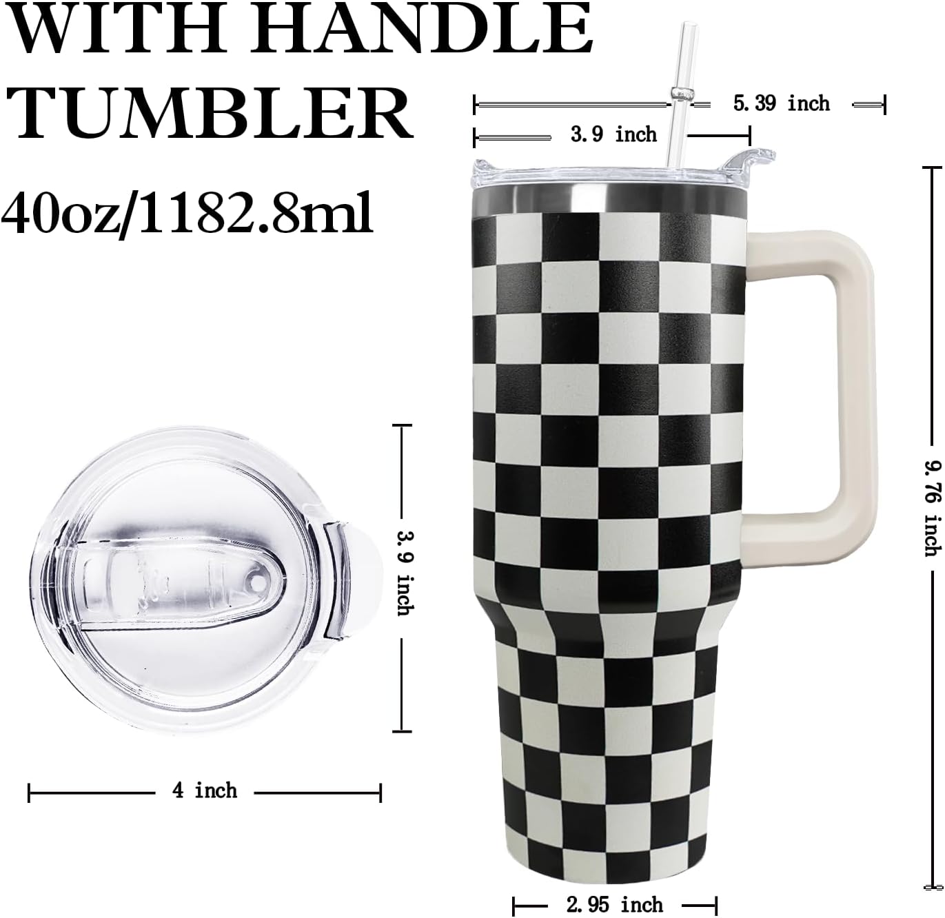 Ceovfoi Black and white Checkered Tumbler with Handle Lid and Straw,40 Oz Checkered Tumbler Water Bottle Travel Coffee Cup Mug,Checkered Gifts for Women Men - Image 2