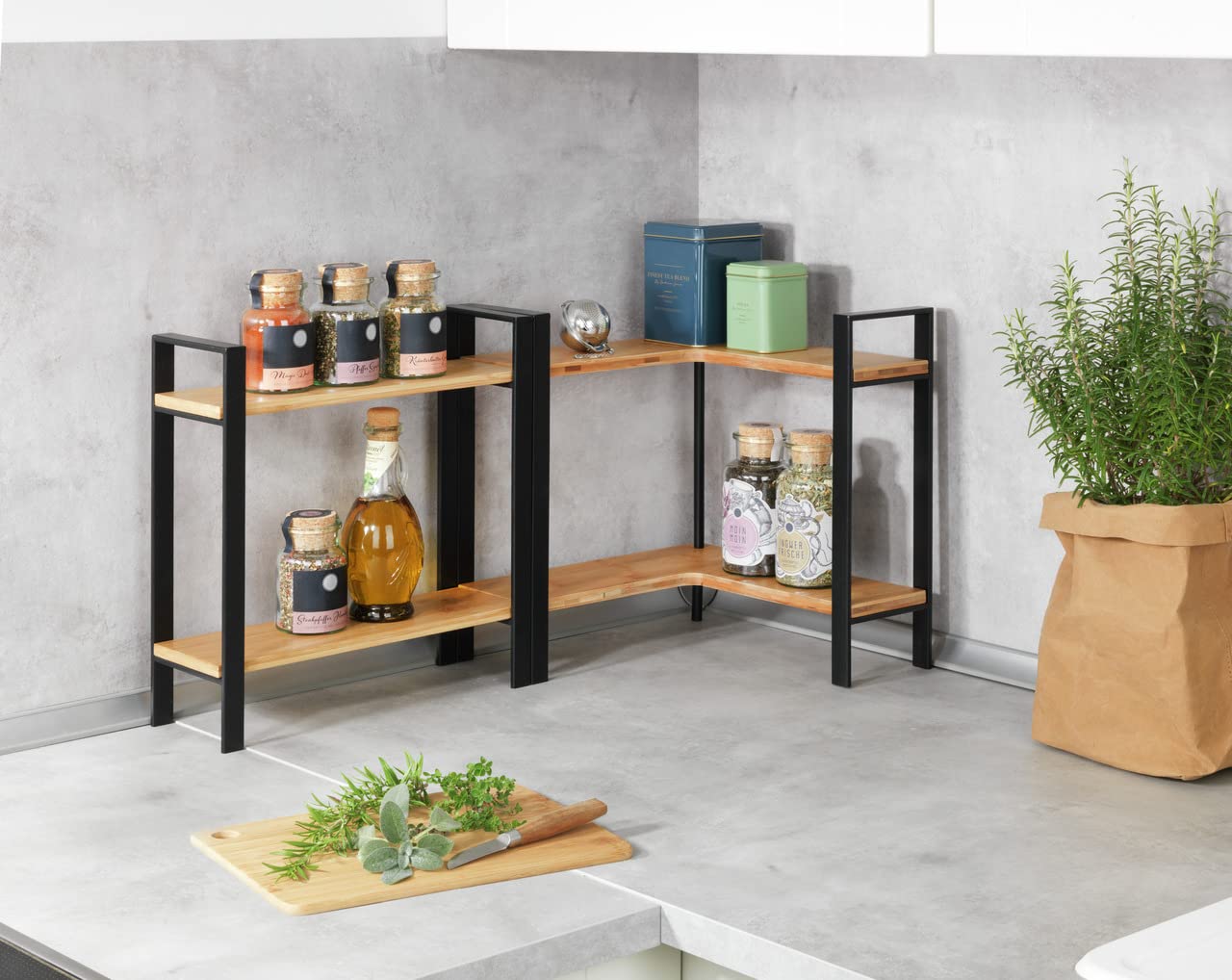 WENKO Étagère de cuisine angulaire Lou, étagère pour plan de travail, en métal avec planches en bambou, à deux étages pour gagner de la place en cuisine (l x h x p) : 30 x 33 x 30 cm, noir/brun clair