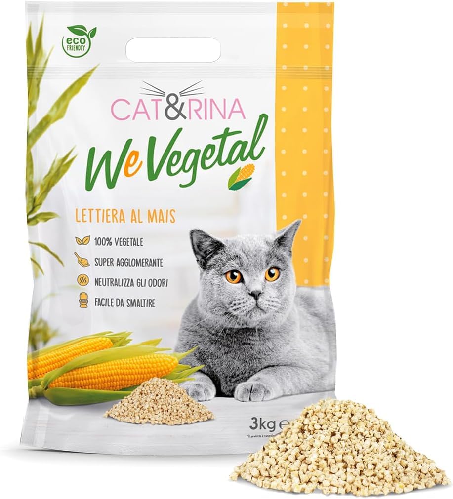 Cat&Rina WeVegetal, Arena de maíz aglomerante para Gatos de 5,5 l, 100% de Origen Vegetal. hasta 30 días de Uso. Se Elimina en el Inodoro o orgánico.