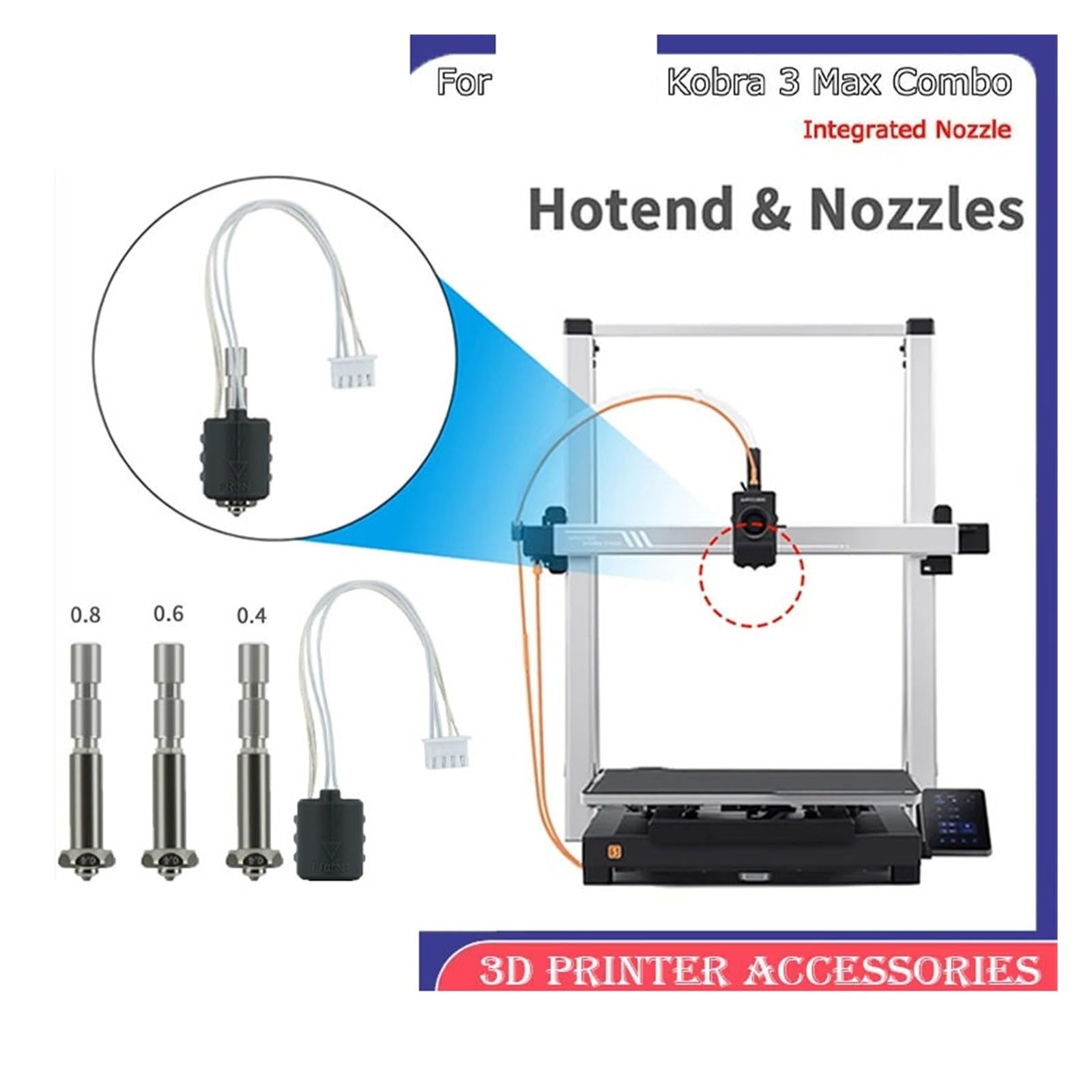 Compatible con Anycubic, kit de boquillas 0,4-0,8 mm Kobra 3 Max | Cambio rápido, acero endurecido, 0,4/0,6/0,8 mm, for Kobra 3 Max/Combo, duradero(1PC 0.8 Nozzle)