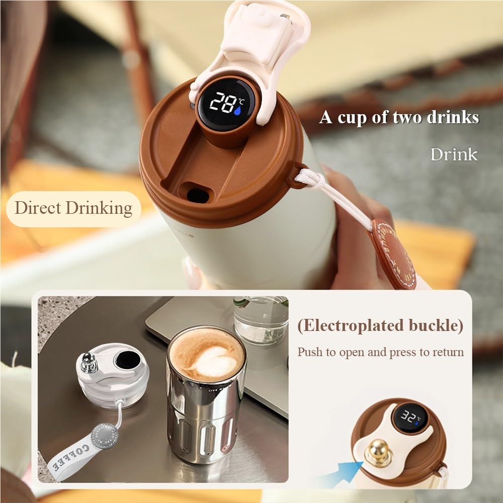 Taza de café con pantalla de temperatura de 420 ml, termo inteligente, taza de café de viaje de acero inoxidable 316, taza térmica a prueba de fugas (plata)
