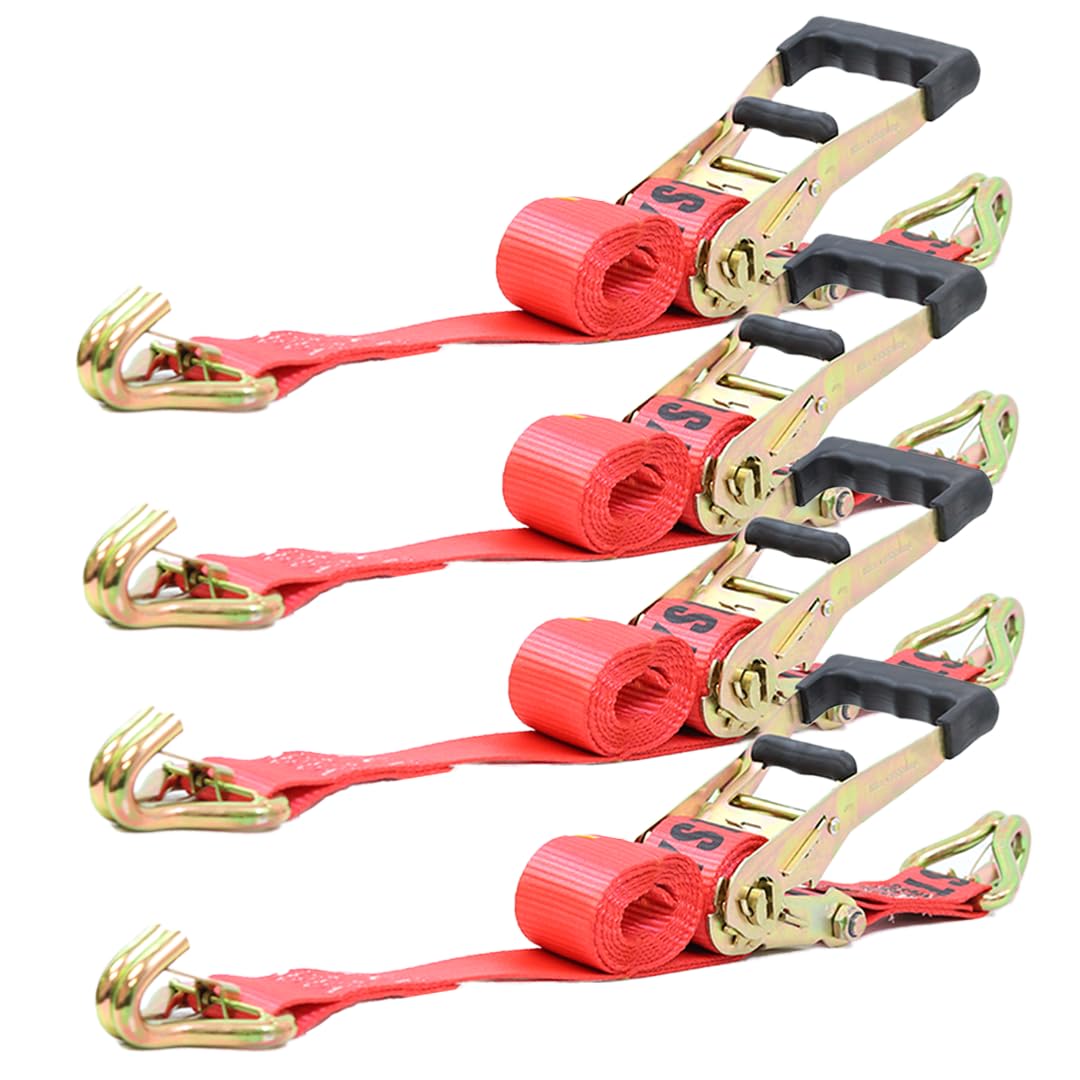 Boxer Tool Kit de amarre de coche resistente con cierre de seguridad de gancho en J, resistencia a la rotura de 10 libras, carga de trabajo de 3300 libras, correa roja premium de 2 x 114 pulgadas