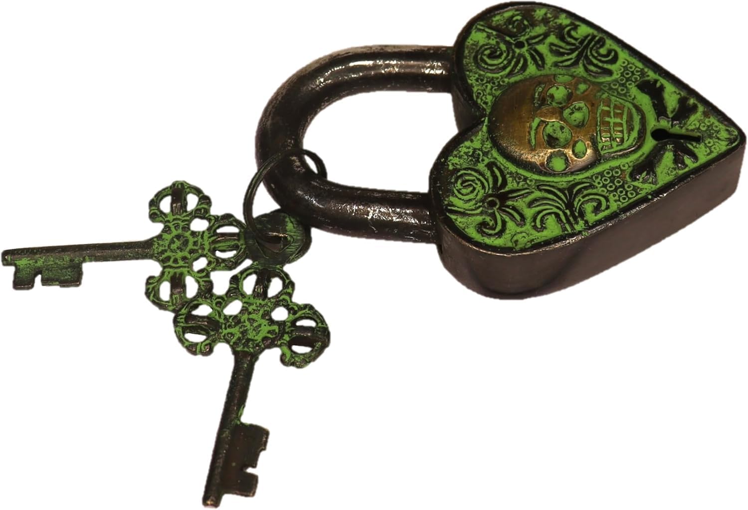 Heart Shape Skull Engraved Fully Functional Door Lock Antique Vintage Style Handmade Brass Padlock with Working Keys