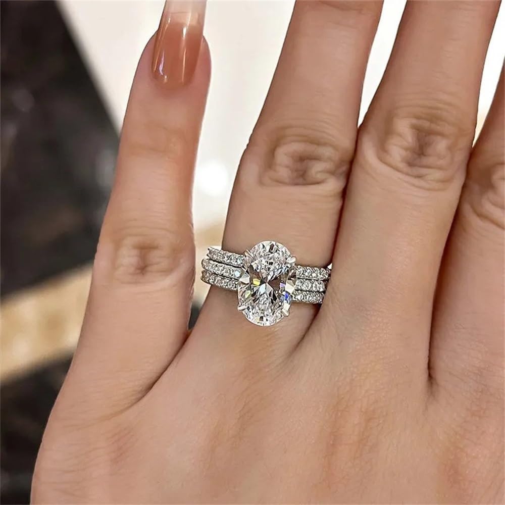 AZQ 925 Sterling Silver Shiny Full Diamond Gemstone Ring 18K Gold 3PCS Oval Cut 3ct Cubic Zirconia Promise Rings CZ Diamond Multi Row Ring Eternity Engagement Wedding Band Ring Sets Z.180 (US Code 7)
