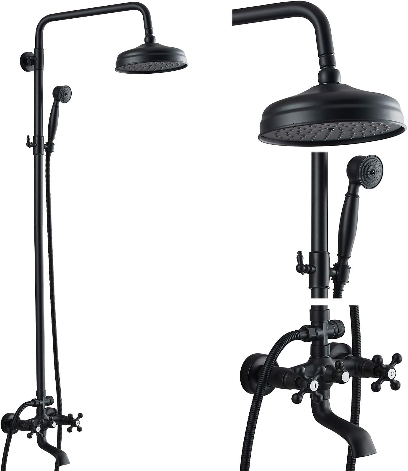 gotonovoBathroom Shower Faucet Rain Mixer 8 Inch Round Shower Head Double Cross Handle with Tub Spout Wall Mount Bathroom Shower Fixtures 3 Function Metal Handheld Sprayer Matte Black