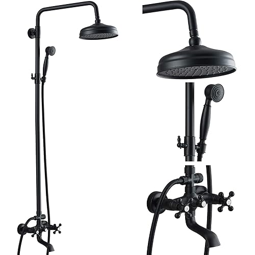 gotonovo Bathroom Shower Faucet Rain Mixer 8 Inch Round Shower Head Double Cross Handle with Tub Spout Wall Mount Bathroom Shower Fixtures 3 Function Metal Handheld Sprayer Matte Black