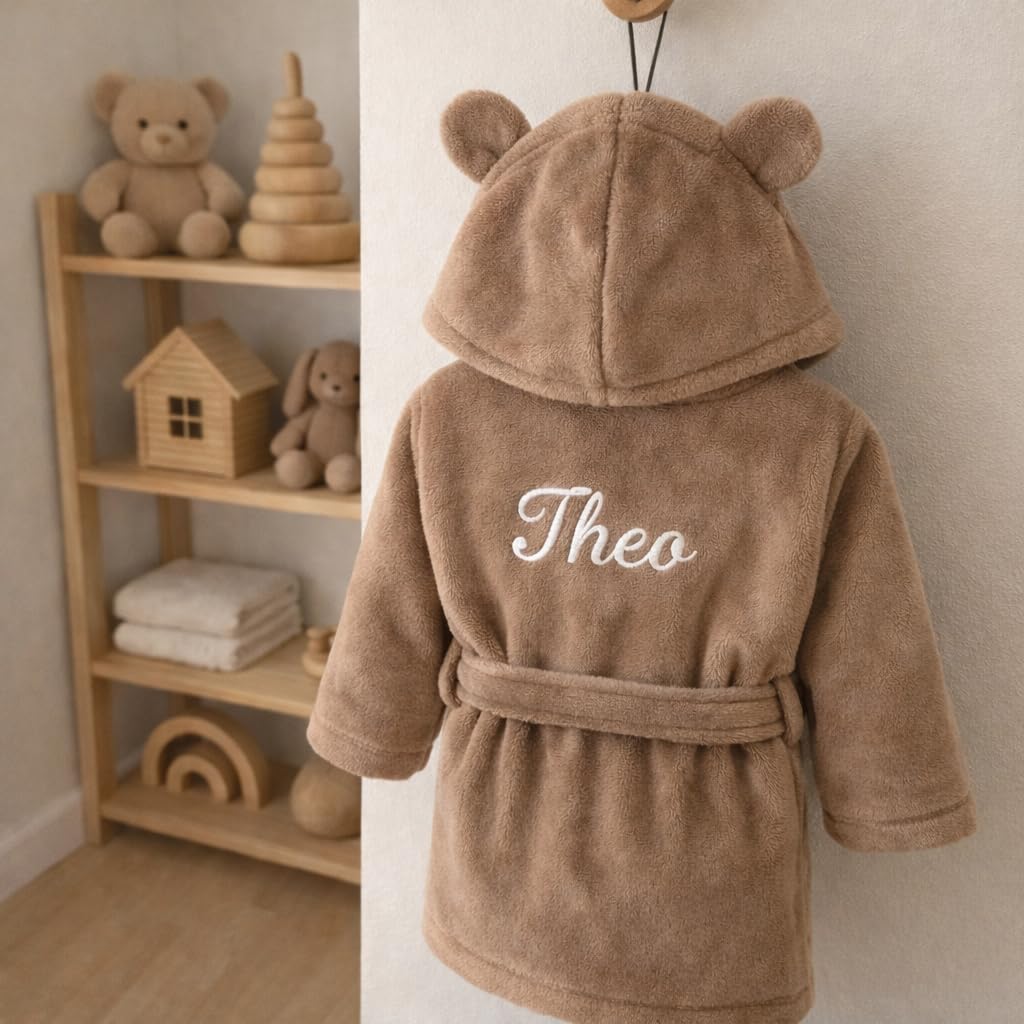 Générique Peignoir Enfant personnalisé avec prénom brodé – Marron avec Capuche à Oreilles – Cadeau Naissance ou Anniversaire – De 2 à 6 Ans (Marron)