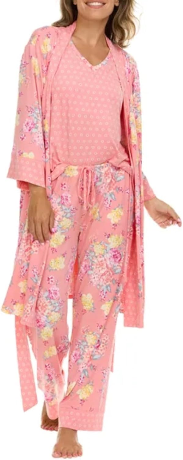 Flora Nikrooz FN Women's Super Soft 3 Piece Pajama Sleep Set, Robe, Tank, and Pant