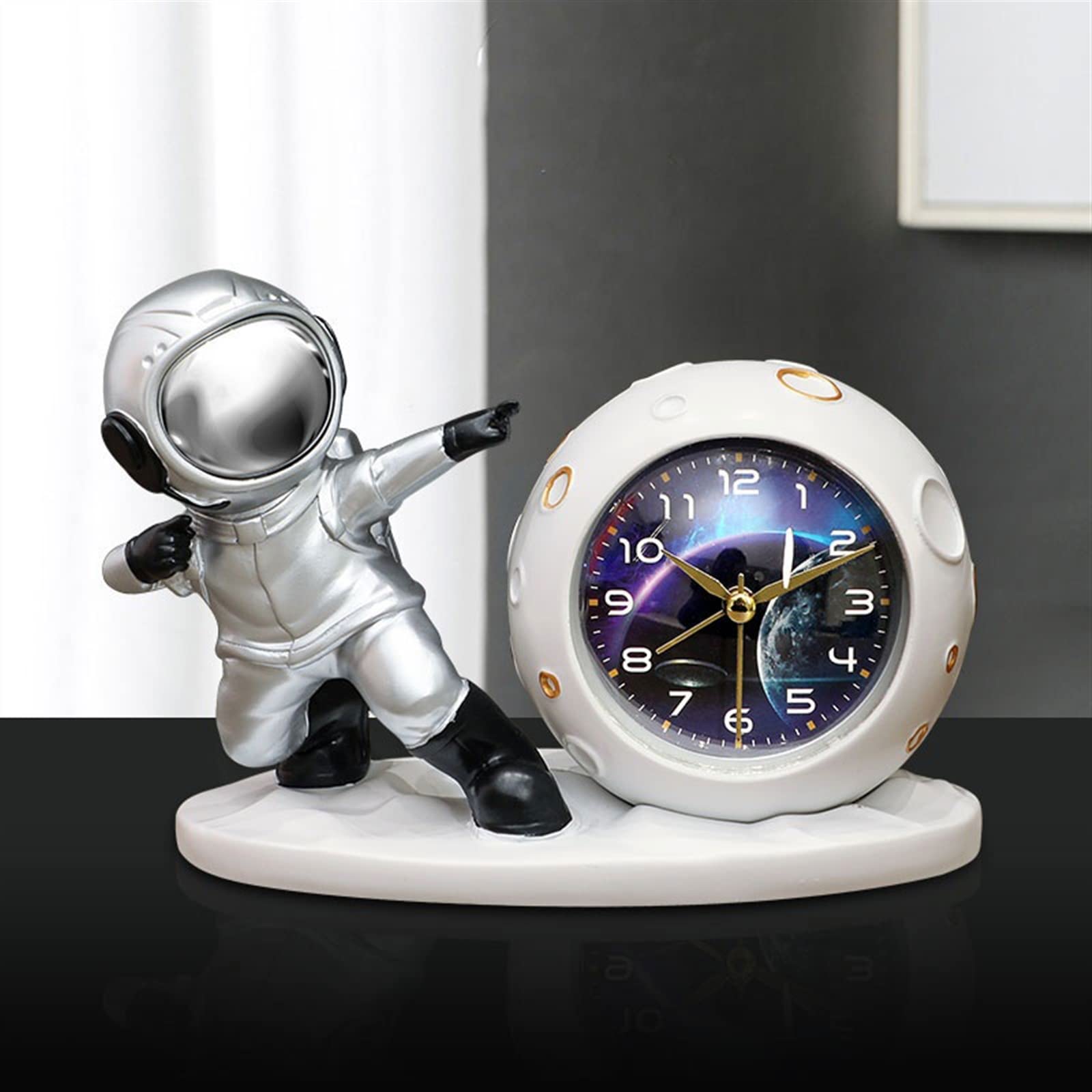 Décorative Horloge de Bureau créative lumière Domestique Luxe Salon Dessin animé réveil Bureau décoration Horloge pour Bureau Chambre Table(Silver)