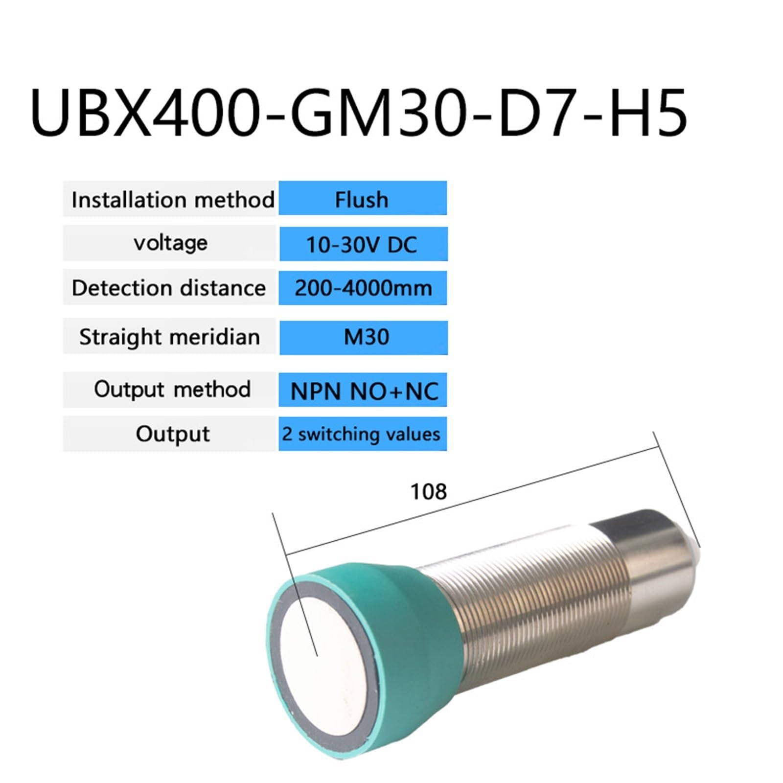 Sensor de proximidad M30 10-30 V CC Sensor de detección ultrasónica Sn: 200-4000 mm IP65 NPN PNP Sensor de nivel ultrasónico analógico(Dark Khaki)