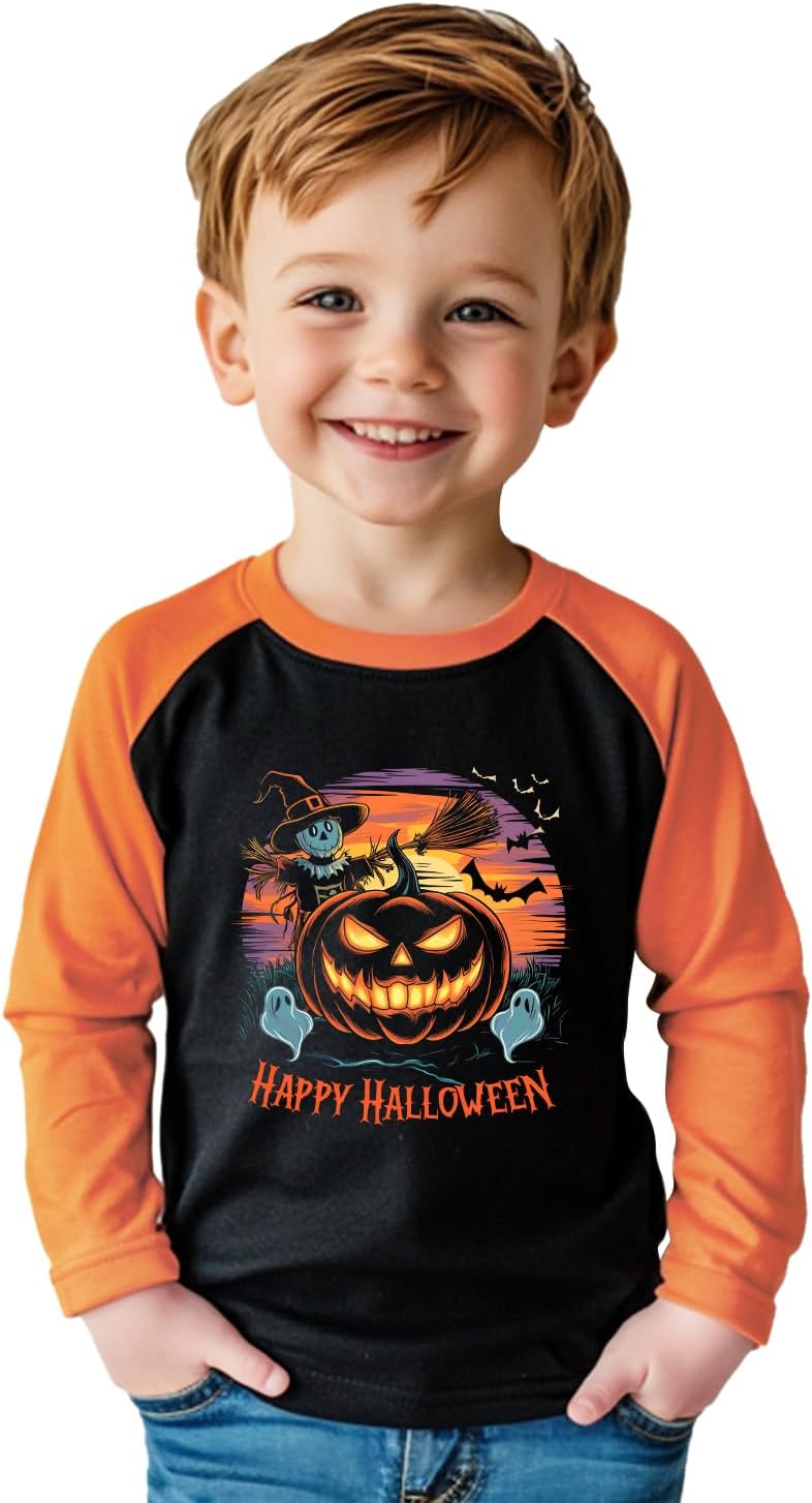 Toddler Halloween Shirt Pumpkin Shirts Boys Girls Halloween T-Shirts for Kids Ghost Clothes Long Sleeve Cotton Tee 2-8 Years